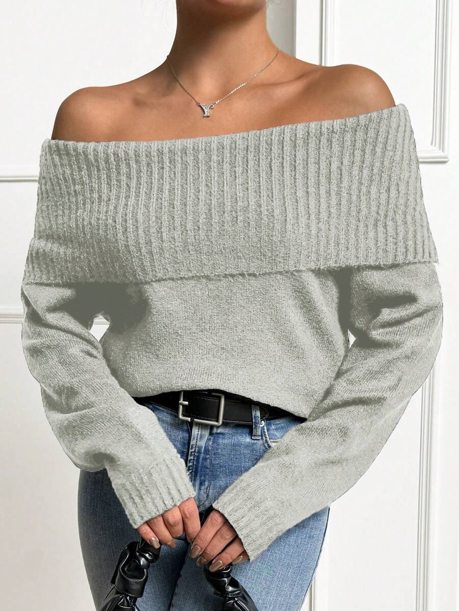 EURMUSE Suéter De Hombro Descubierto De Color Sólido Para Mujer - Gris Claro - Ver 1