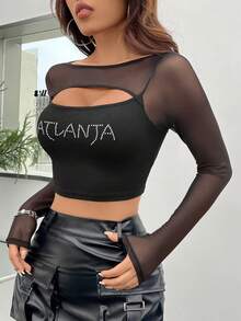 SHEIN ICON Camiseta De Manga Larga Con Detalle De Diamante Y Forma De Letra Calada Con Empalme De Malla Para Mujer - Negro - Ver 6