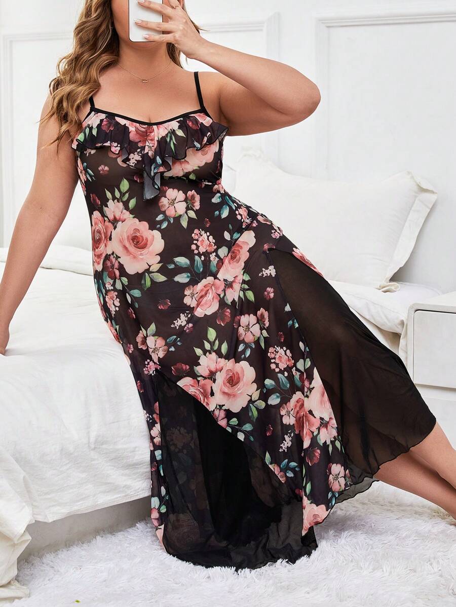 Vestido De Tirantes De Malla Floral Transparente De Doble Capa Con Dobladillo De Encaje Para Mujer De Talla Grande Y Sexy - Multicolor - Ver 1