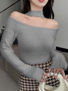 DAZY Của phụ nữ Màu thuần Off-shoulder Dây Áo len dệt kim - Xám - Xem 1