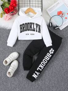 SHEIN Girls' Hooded Sweatshirt With Letter Print And Jogger Pants Set - Black - View 7