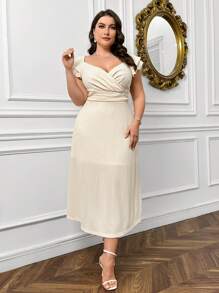 SHEIN Privé Double Layer Ruffle Sleeve Dress With Elegant Collar And A-Line Silhouette, Plus Size - Apricot - View 3