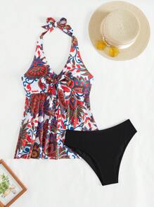 Swim Lushoire Women's Floral Printed Halter Neck Tankini Set Summer - Multicolor - View 3