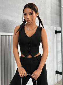 SHEIN PETITE 女款純色背心長褲套裝 - 黑色 - 查看 5
