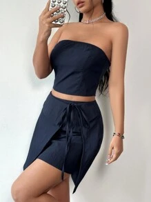 SHEIN Unity 純色無肩帶上衣配有後拉鍊與不對稱下擺裙裝 - 藍色 - 查看 5