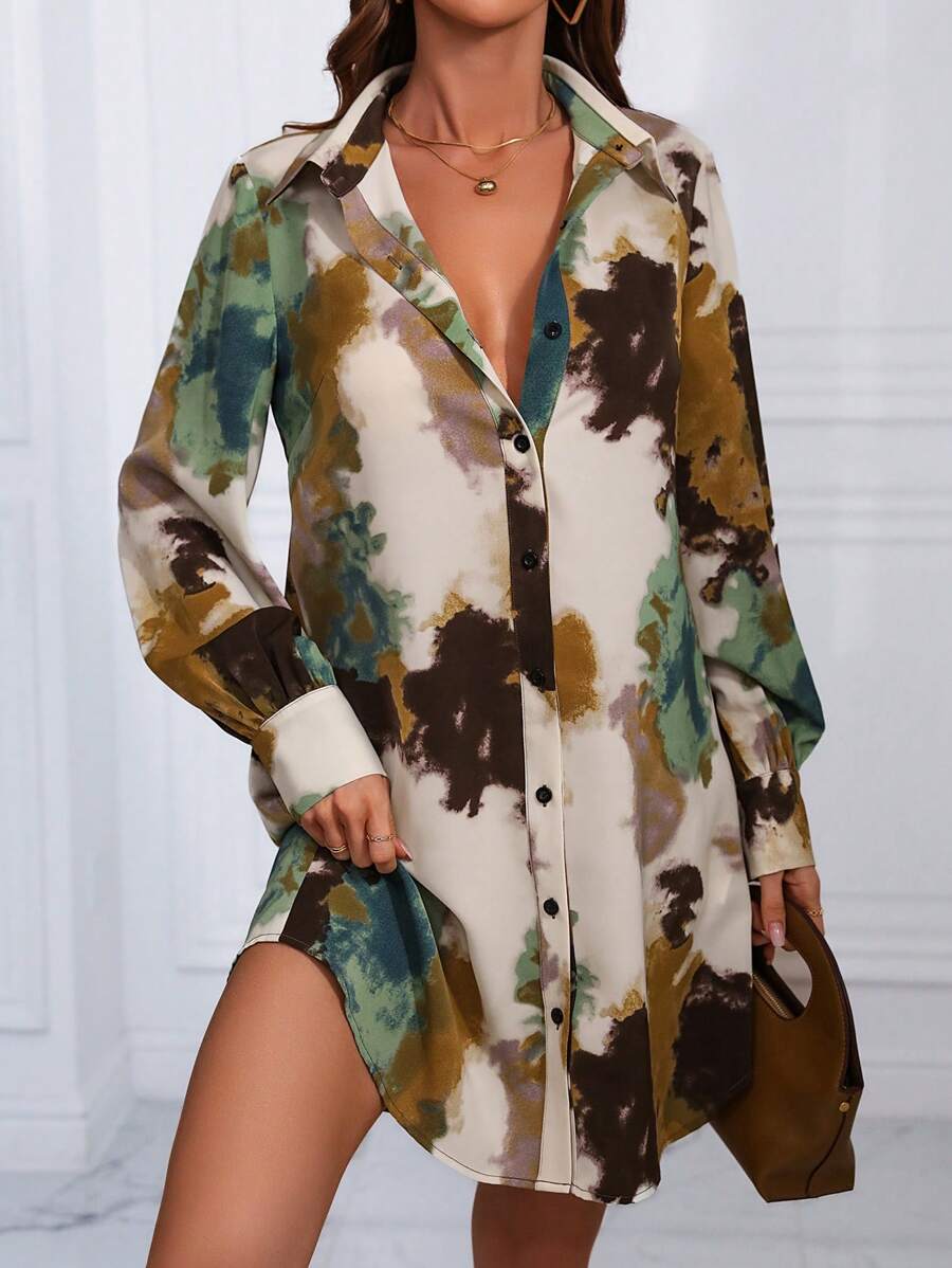 SHEIN LUNE Tie-Dye Shirt Dress Fall Cloth For Women