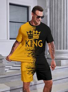 Manfinity Homme Men Plus Crown & Letter Printed Short Sleeve T-Shirt And Shorts Set