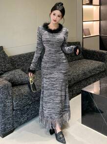 DAZY Women's Patchwork Furry Long Sleeve Sweater Dress - Grey - View 6