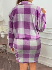 Flirla 大尺碼女士格紋絨毛夾克和保暖裙套裝 - 紫色 - 查看 2