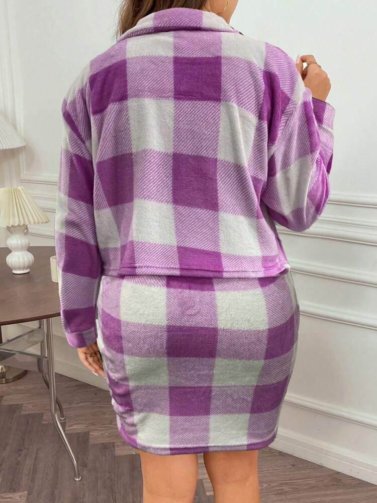 Plus Size Women's Plaid Fleece Jacket And Thermal Skirt Two-Piece Set