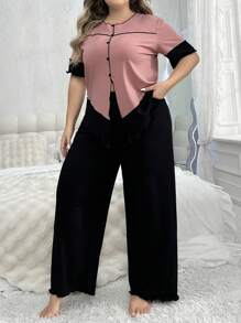 Frauen Übergröße Kontrastfarbe Knopf Detail Top Und Solide, Breitbeinige Hose Pyjama-set - Pink - Übersicht 4