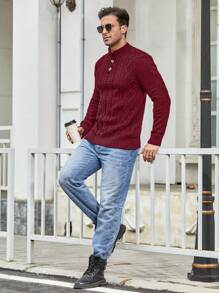 Manfinity Homme Men's Half Buttoned Cable Knit Sweater - Red - View 4