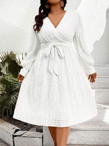 Celure Plus Size Wrap Belted Waist Dress - White - View 5