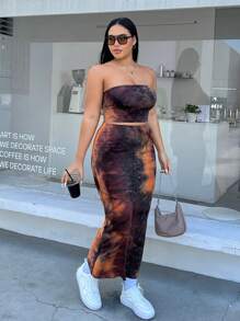 SHEIN EZwear Plus Tie Dye Crop Tube Top & Skirt - Multicolor - View 6