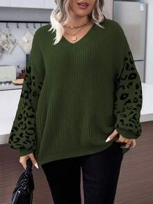 SHEIN LUNE Women's Plus Size Leopard Print Splice V-Neck Sweater - Army Green - View 5