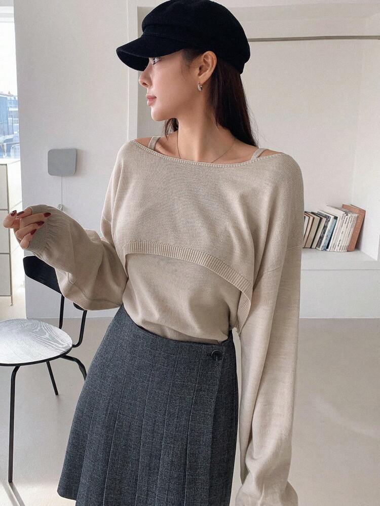 Solid Color Round Neck Long Sleeve Women's Knitted Sweater 2pcs/Set,Fall Clothes