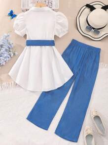 Tween Girls' Bubble Short Sleeve High-Low Shirt And Pants Set - White - View 2
