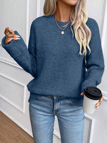 SHEIN Essnce Ladies' Solid Color Drop Shoulder Sweater - Navy Blue - View 3