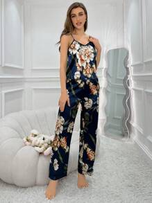 LuxeNights Women's Floral Printed Satin Cami Top & Pants Pajama Set