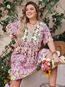 Rusttydustty 女士加大码印花V领宽松休闲连衣裙，波西米亚风，适合复活节、海滩、夏威夷音乐节、热带度假等场合 - 粉色 - 查看 7