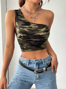 SHEIN EZwear 一字肩迷彩風格個性修身上衣 - 彩色 - 查看 2