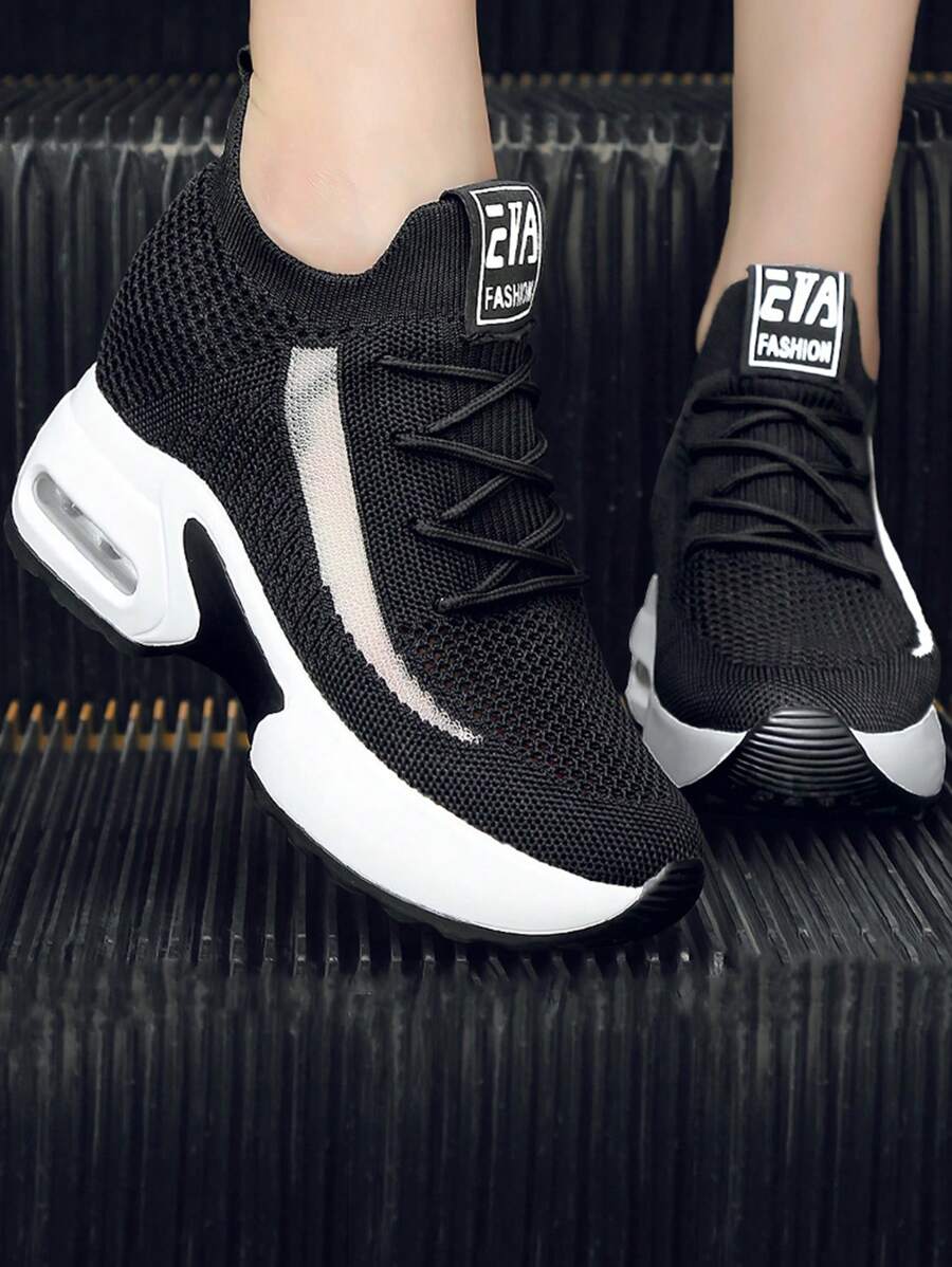 女士透气针织运动鞋，休闲系带户外鞋，舒适低帮鞋 - 黑色 - 查看 1
