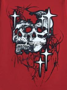 ROMWE MEN Goth 男士骷髅印花二合一 T 恤，学校 - 紅色 - 查看 4