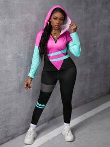 Slaydiva Bộ áo thun dài tay có mũ trùm đầu phối màu và quần legging phối màu dành cho nữ - Nhiều màu - Xem 2