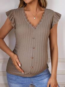 SHEIN Maternity Lace Patchwork Button Detail Tank Top - Khaki - View 5