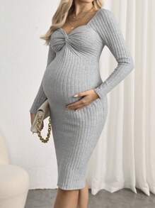 SHEIN Maternity Ribbed Twist Front Bodycon Dress - Grey - View 3