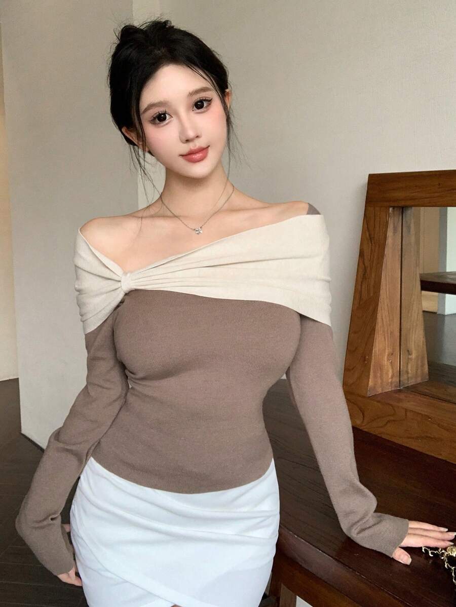 DAZY Women's Colorblock Slim Fit Off Shoulder Sweater,Fall Clothes Cute Tops - Camel - View 1