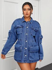 SHEIN ICON Chaqueta Vaquera Con Botones Delanteros Y Bolsillo Para Mujer - Azul lavado medio - Ver 4