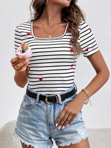 SHEIN LUNE Women Romantic Valentine's Day Red Heart Embroidery Striped Square Neck Short Sleeve T-Shirt - Black and White - View 3