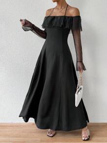 Chiquease 不对称露肩优雅网眼连衣裙，配有收腰细节，超长女士服装 - 黑色 - 查看 6