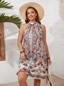 SHEIN VCAY Plus Size Floral Print Halter Neck Dress - White - View 5