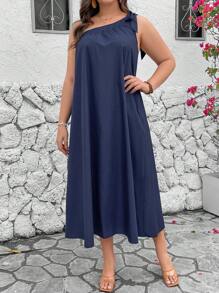 SHEIN Franclia 大碼單肩無袖洋裝 - 藏蓝色 - 查看 1