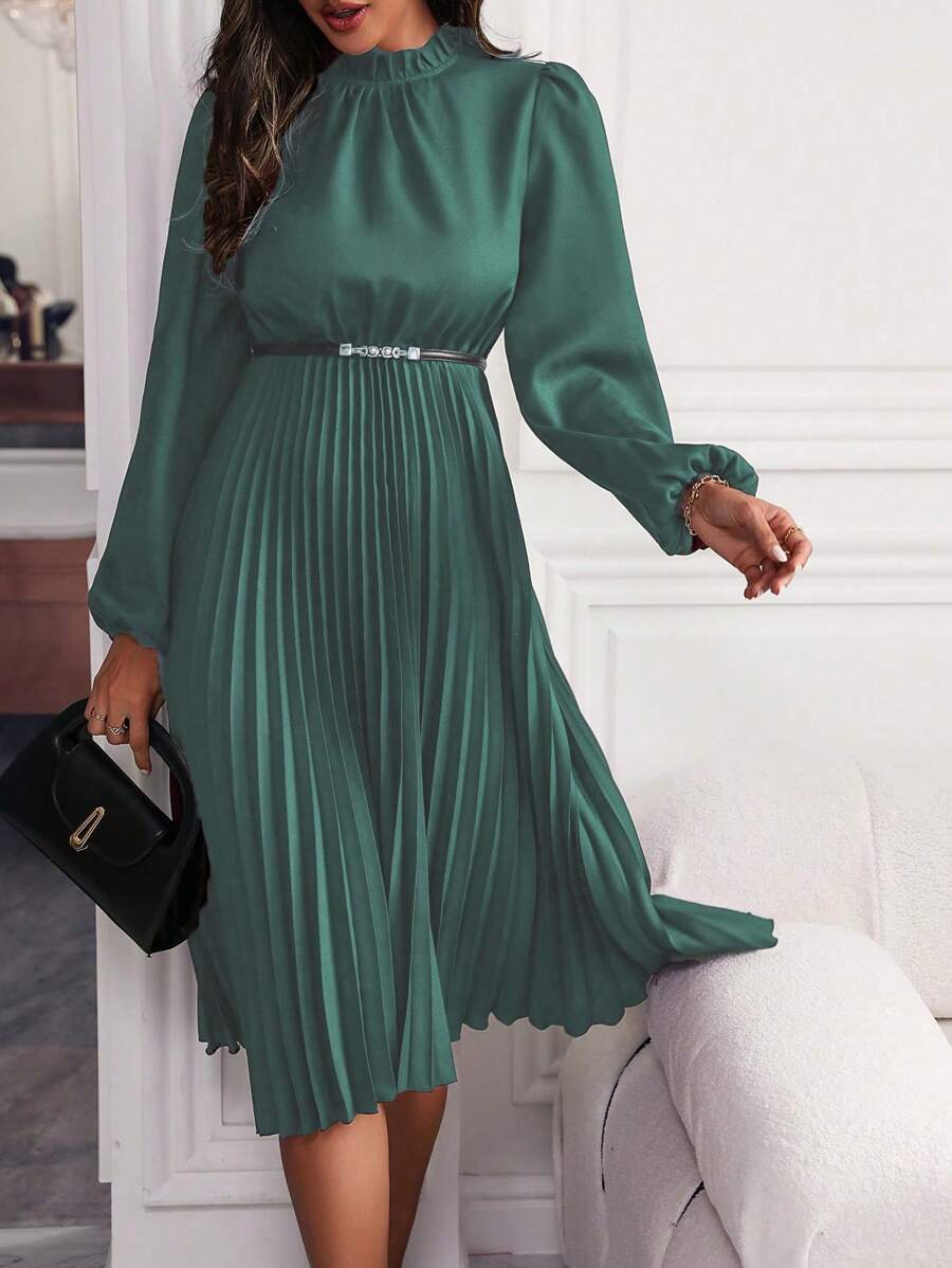 SHEIN Clasi Vestido De Manga De Linterna De Color Sólido Con Dobladillo Plisado - Azul Cadete - Ver 1