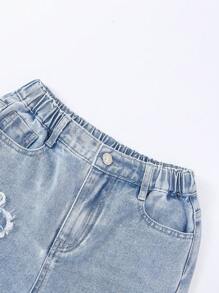 SHEIN Wildeya Tween dziewczynka Modny & Wygodna Szeroka nogawka Dżinsy Z Kwiat Patchwork Haft Dla Ulica Szyk Styl