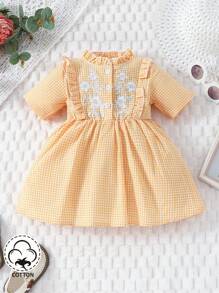SHEIN Em bé Cô gái Giải trí Thanh lịch Vintage Thêu hoa Vàng & Trắng Kẻ sọc Đứng cổ áo Đầm Cho mùa xuân Và Mùa hè , Thích hợp - trái cam - Xem 1