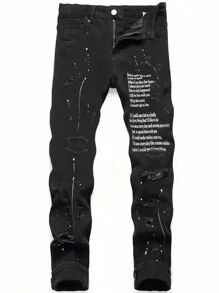 Herren Destroyed Jeans Mit Farbspritzerdruck - Schwarz - Übersicht 1