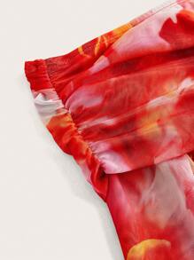 SHEIN BAE 浪漫情人節女士二件套裝,包括一只肩襯衫網眼上衣,帶有褶皺花印和鈴形袖口 - 彩色 - 查看 9