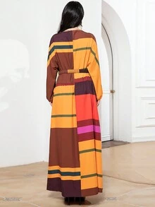 Vintage Striped Colorblock Belted Batwing Sleeve Dress - Multicolor - View 2
