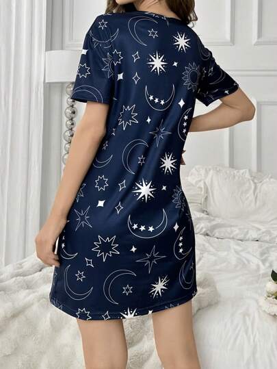 Short Sleeves Pajama Nightdress Starry Sky Printing view 2