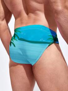 Men's Coconut Tree Printed Drawstring Swim Trunks - Black - View 2