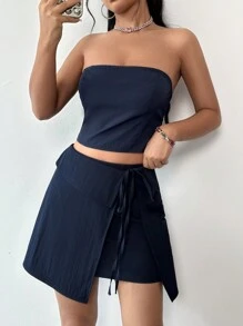 SHEIN Unity 純色無肩帶上衣配有後拉鍊與不對稱下擺裙裝 - 藍色 - 查看 3