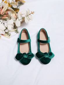 Girls' Velvet Princess Flat Shoes With Bowknot & Low Vamp, Suitable For Daily Wear, Dancing Parties & Winter Season - Green - View 4