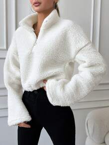 EURMUSE Women'S Solid Color Fleece Half-Zip Sweatshirt With Drop Shoulder - White - View 4