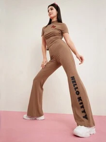 HELLO KITTY AND FRIENDS | SHEIN Cat Print Top & Letter Print Flare Pants Two Piece Set - Coffee Brown - View 5