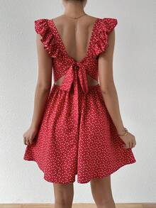 SHEIN WYWH 女款愛心印花後繫帶荷葉邊連身裙 - 紅色 - 查看 2