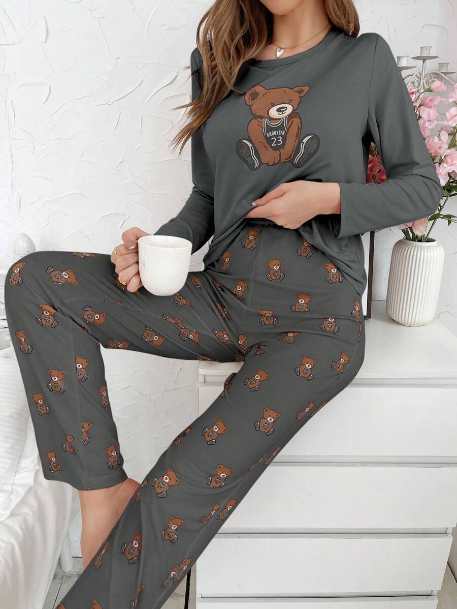 熊印花长袖T恤和裤子睡衣套装，秋季服装 - 深灰色 - 查看 1